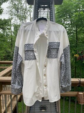 Amazon Women's Button-Down Shirt with Black and White Leopard Panels